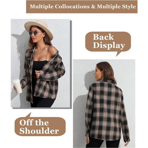 Deer Lady Plaid Flannel Shirts for Women Buffalo Plaid Shirts Oversized Long - Picture 2 of 5